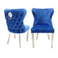 Dining Chair in Navy Plush Velvet Lion Knocker Head Lewis Buttoned Back Quilted Front Studs on the Edge with Chrome Legs (Set of 2 chairs)