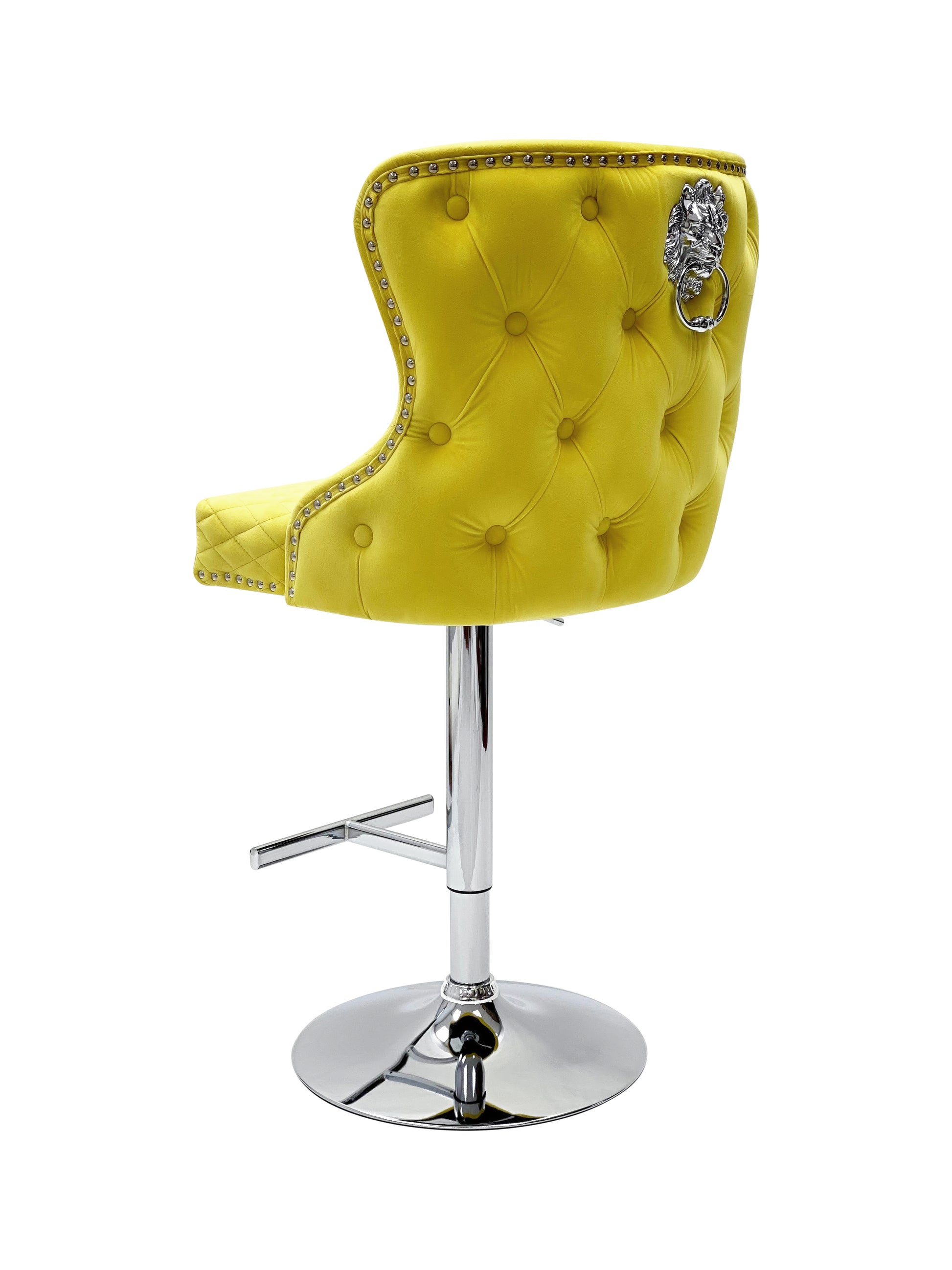 Valentino Bar Stool Lion Knocker Tufted Back Quilted Front Plush Velvet Fabric with Adjustable Chrome Leg Pack of 2 Stools