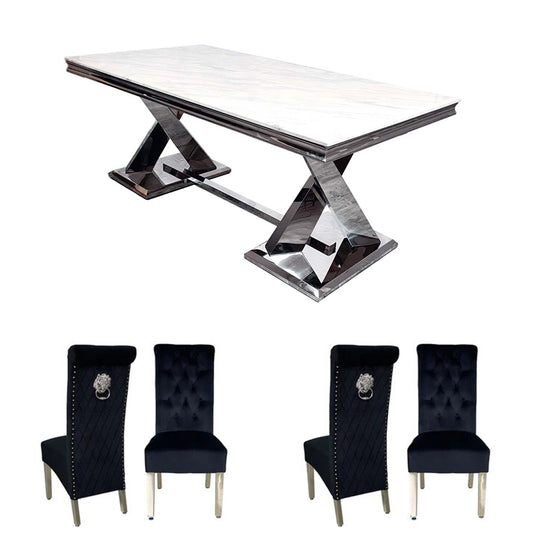 Xavia Marble Dining Table Set With Velvet Fabric Sofa Dining Chairs