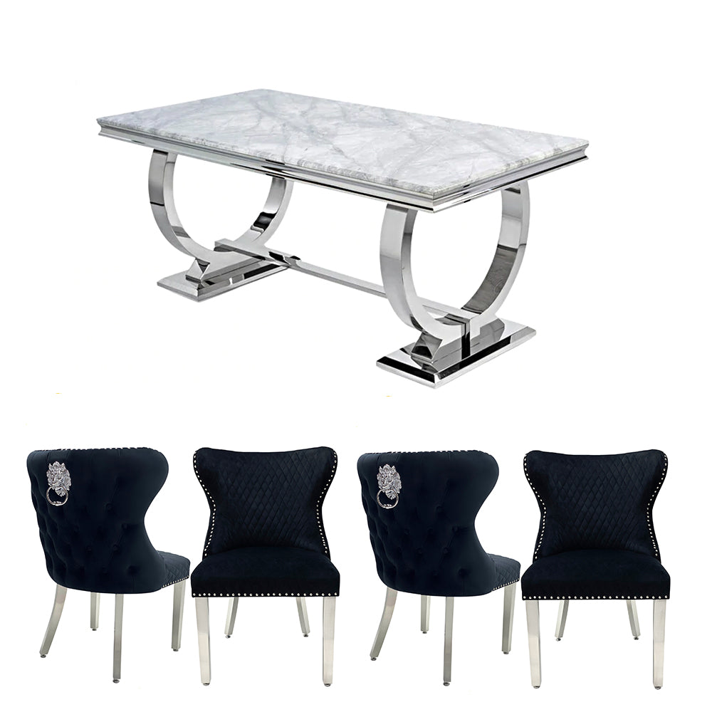 CHELSEA MARBLE DINING SET TABLE WITH LEWIS LION HEAD BUTTONED BACK DINING CHAIRS