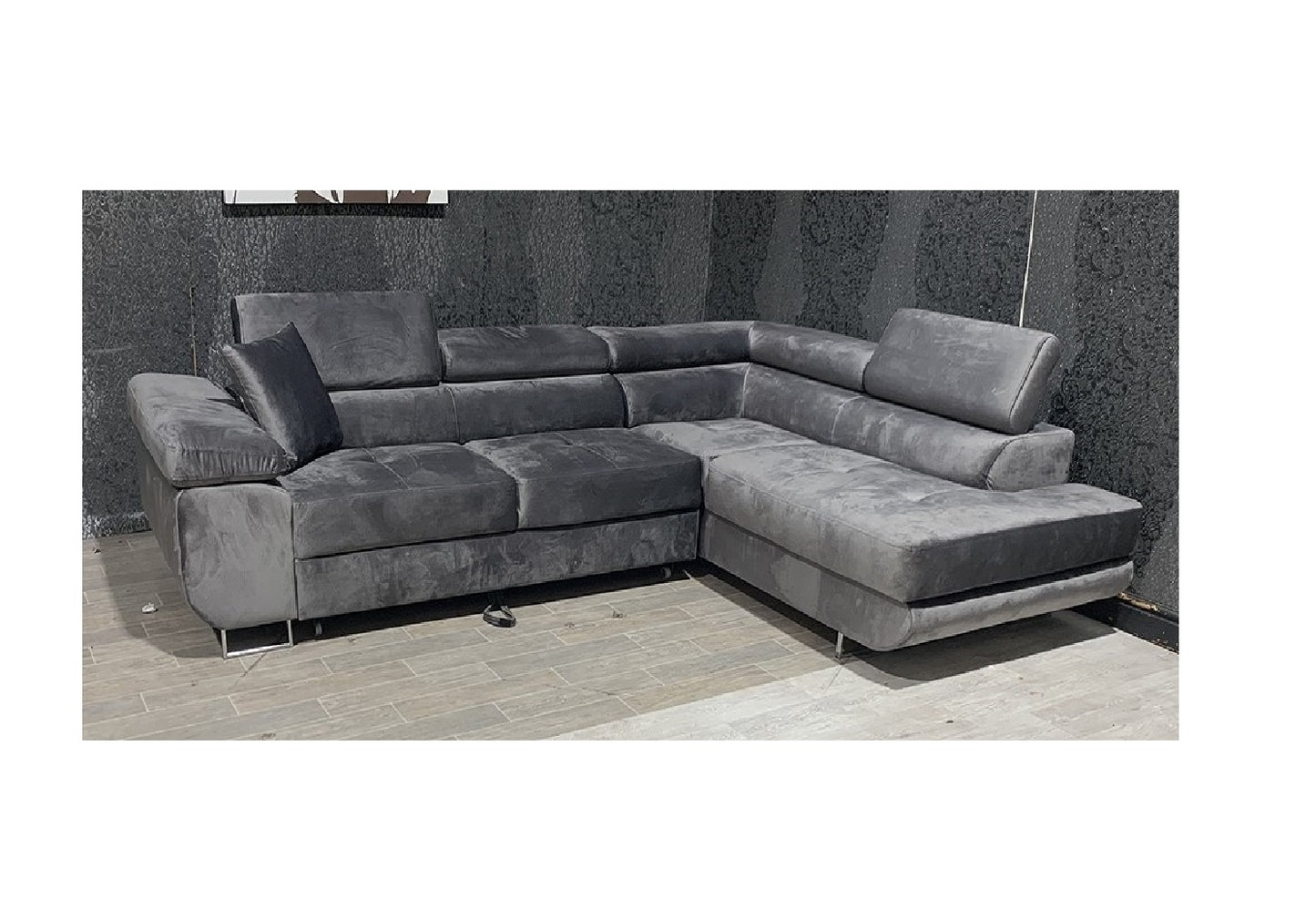 Nevada Grey Corner Sofabed Velour Fabric With Ottoman Storage And Adjustable Headrests With Chrome Legs