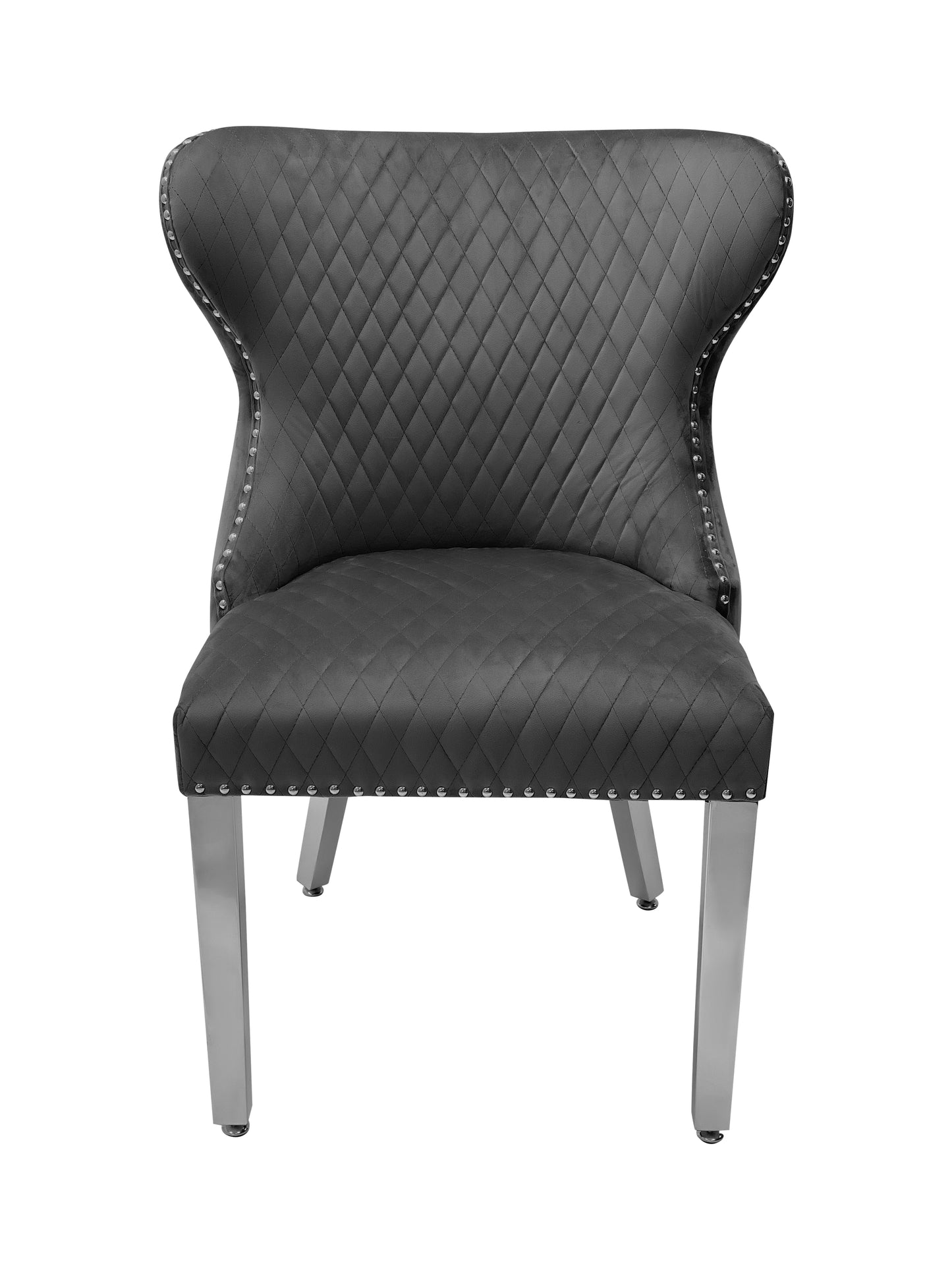 Dining Chair in Grey Plush Velvet Lion Knocker Head Lewis Buttoned Back Quilted Front Studs on the Edge with Chrome Legs (Set of 2 chairs)