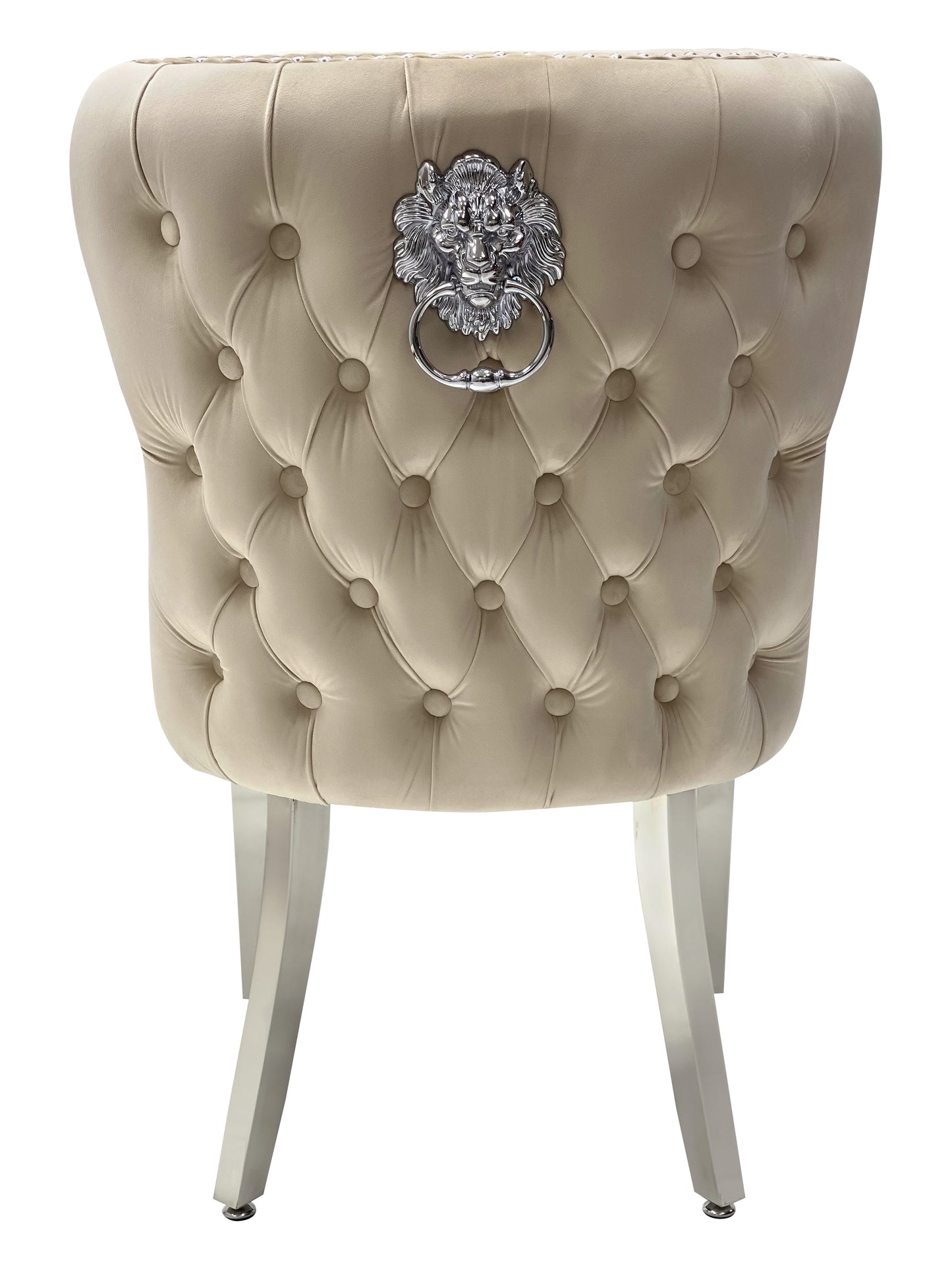 Dining Chair in Mink Plush Velvet Lion Knocker Head Lewis Buttoned Back Quilted Front Studs on the Edge with Chrome Legs (Set of 2 chairs)