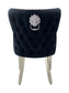 Dining Chair in Black Plush Velvet Lion Knocker Head Lewis Buttoned Back Quilted Front Studs on the Edge with Chrome Legs (Set of 2 chairs)