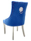 Majestic Dining Chairs in Navy Plush Velvet Fabric Lion Knocker Back With Chrome Polished Steel Legs (Set of 2 Chairs)