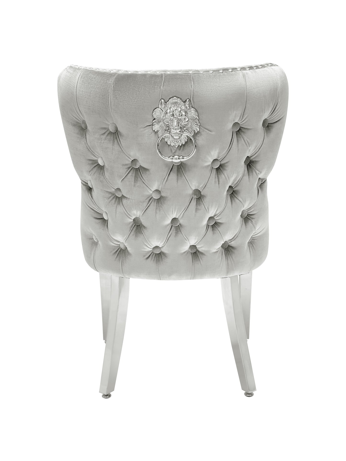 Dining Chair in HQ Brushed Silver Plush Velvet Lion Knocker Head Lewis Buttoned Back Quilted Front Studs on the Edge with Chrome Legs (Set of 2 chairs)