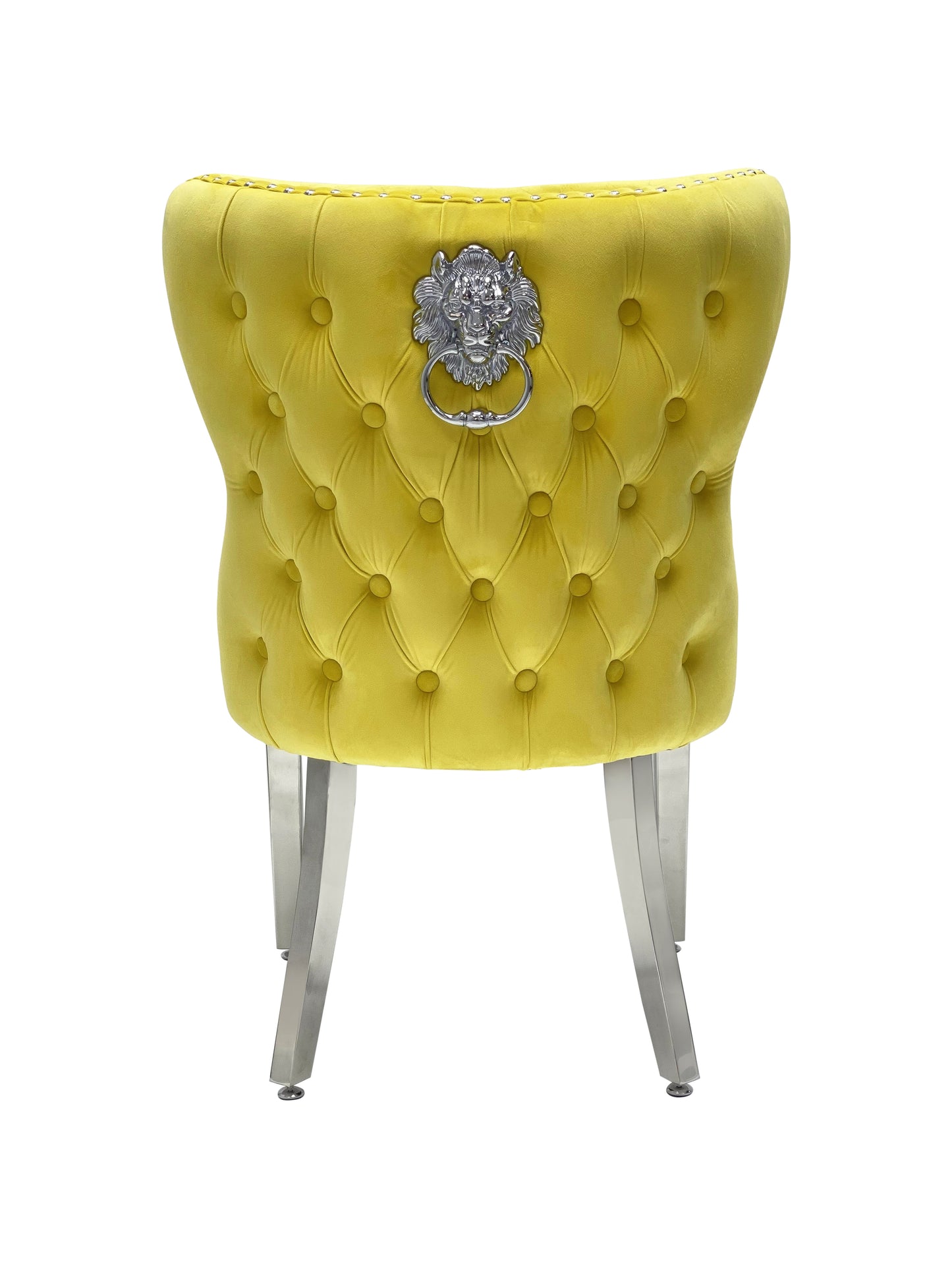 Dining Chair in Mustard Plush Velvet Lion Knocker Head Lewis Buttoned Back Quilted Front Studs on the Edge with Chrome Legs (Set of 2 chairs)
