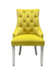 Majestic Dining Chairs in Mustard Plush Velvet Fabric Lion Knocker Back With Chrome Polished Steel Legs (Set of 2 Chairs)