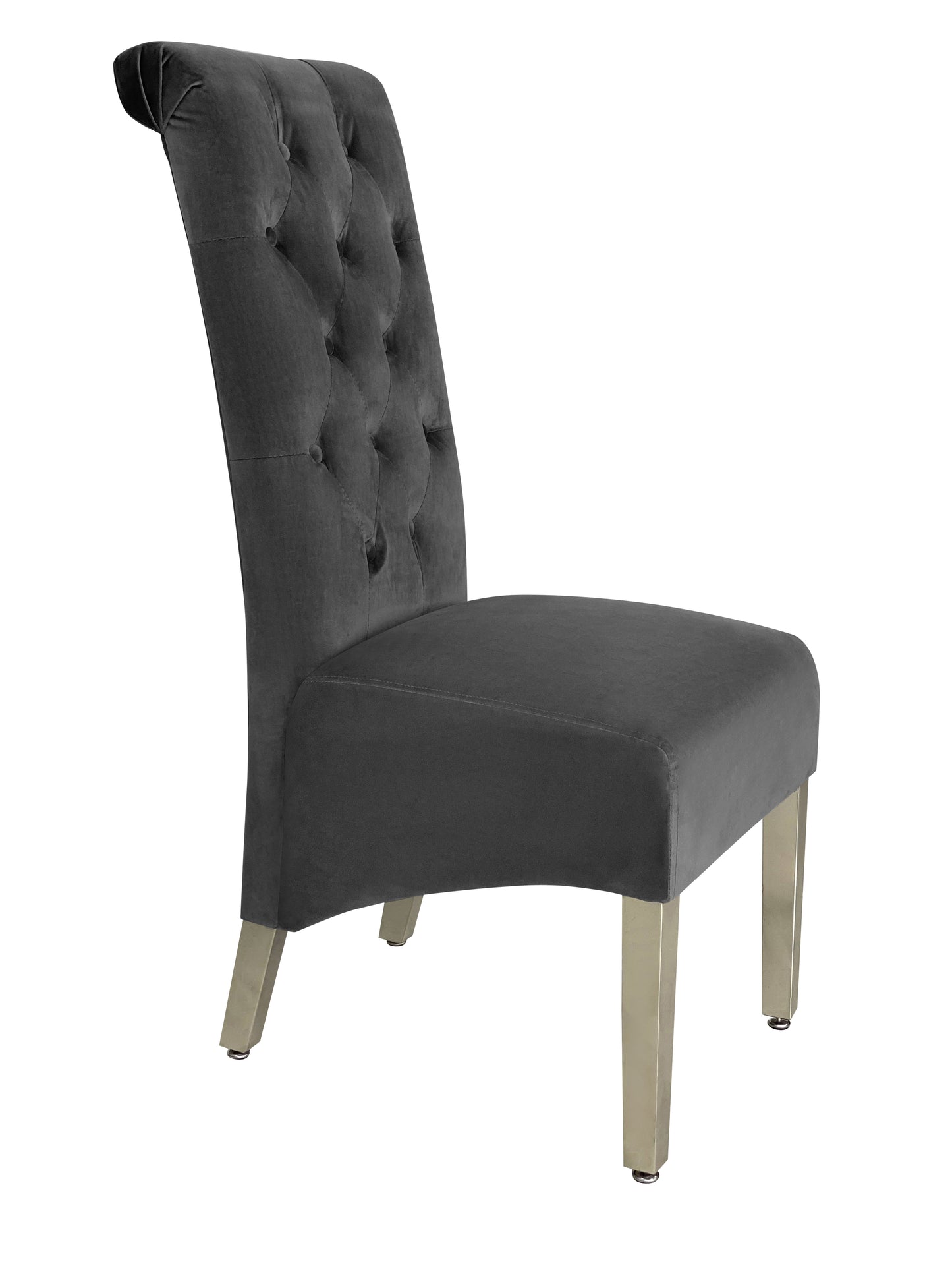 Sofa Dining Chair in Grey velvet Fabric Lion Knocker Back with Chrome Polished Steel Legs (Set of 2 chairs)