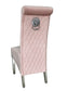 Sofa Dining Chair in Pink velvet Fabric Lion Knocker Back with Chrome Polished Steel Legs (Set of 2 chairs)