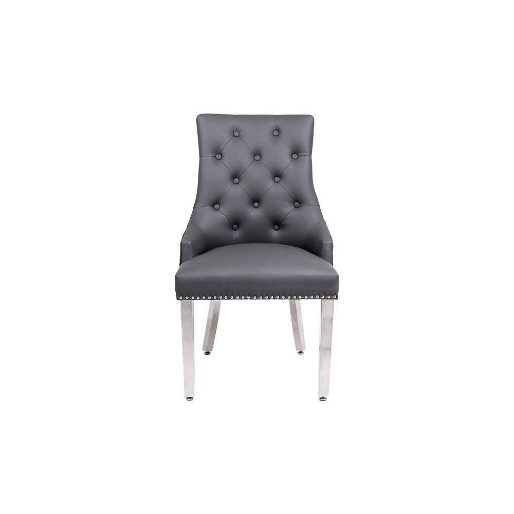 Majestic Dining Chairs in Grey Pu Leather Lion Knocker Back With Chrome Polished Steel Legs (Set of 2 Chairs)