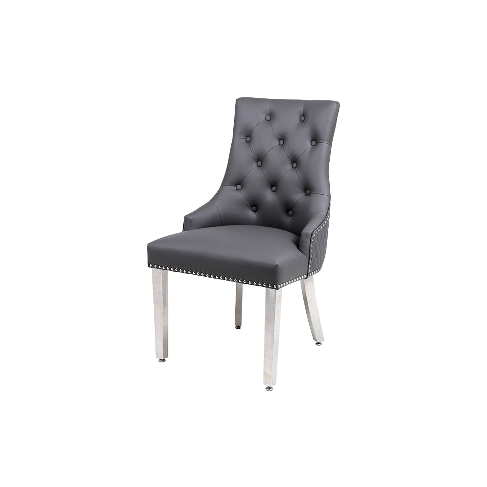 Majestic Dining Chairs in Grey Pu Leather Lion Knocker Back With Chrome Polished Steel Legs (Set of 2 Chairs)