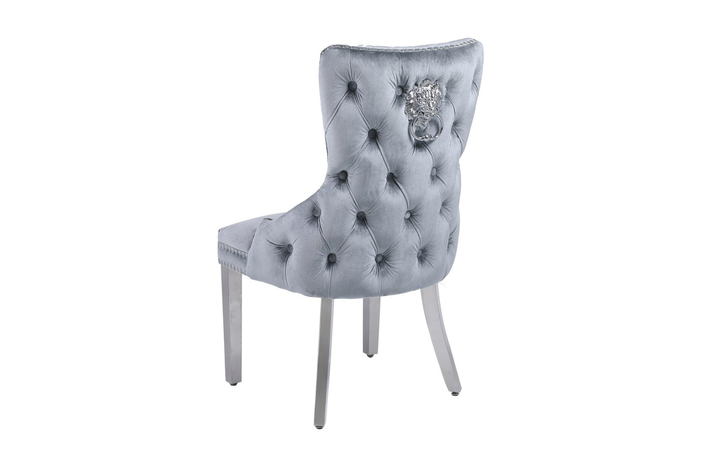 Victoria Velvet Fabric Dining Chair in Grey Silver Lion Knocker Back with Chrome Polished Steel Legs (Set of 2 chairs)