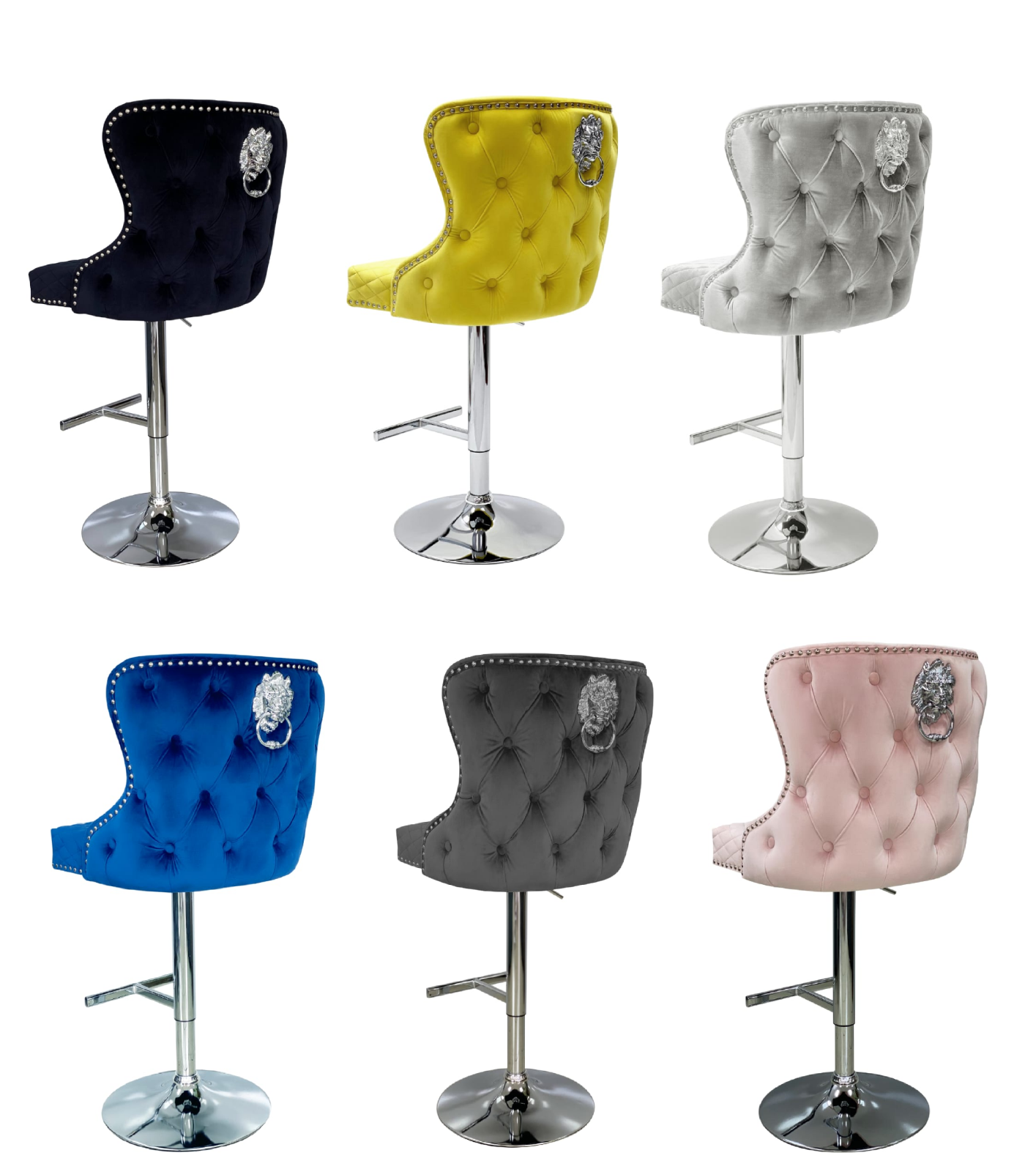 Valentino Bar Stool Lion Knocker Tufted Back Quilted Front Plush Velvet Fabric with Adjustable Chrome  Leg (Pack of 2 Stools)