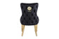 Victoria Velvet Fabric Dining Chair in Black Gold Lion Knocker Back with Chrome Polished Steel Legs (Set of 2 chairs)