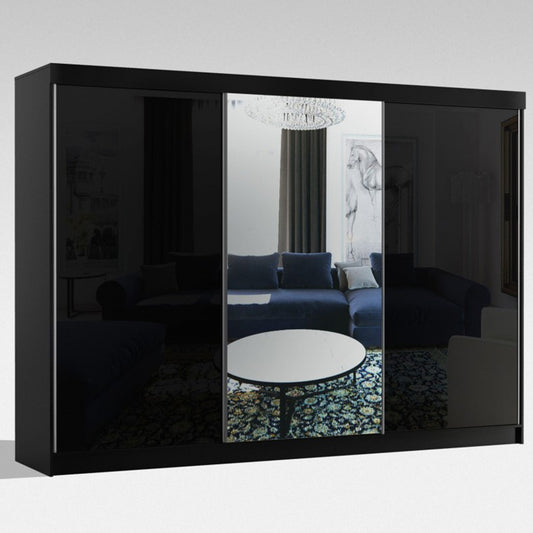 Vikas 3 Door Sliding Wardrobe With Mirror In Black Color 250cm