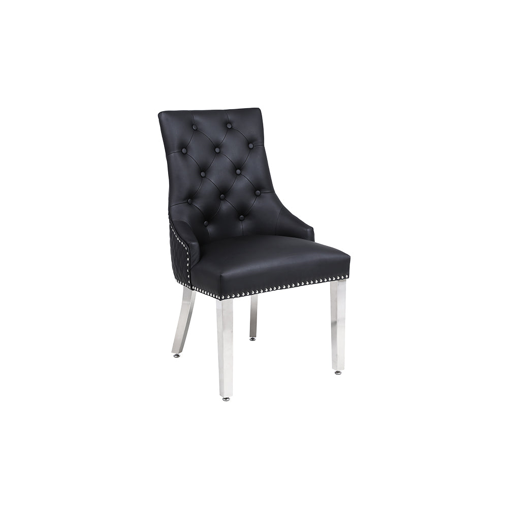 Majestic Dining Chairs in Midnight Black Pu Leather Lion Knocker Back With Chrome Polished Steel Legs (Set of 2 Chairs)